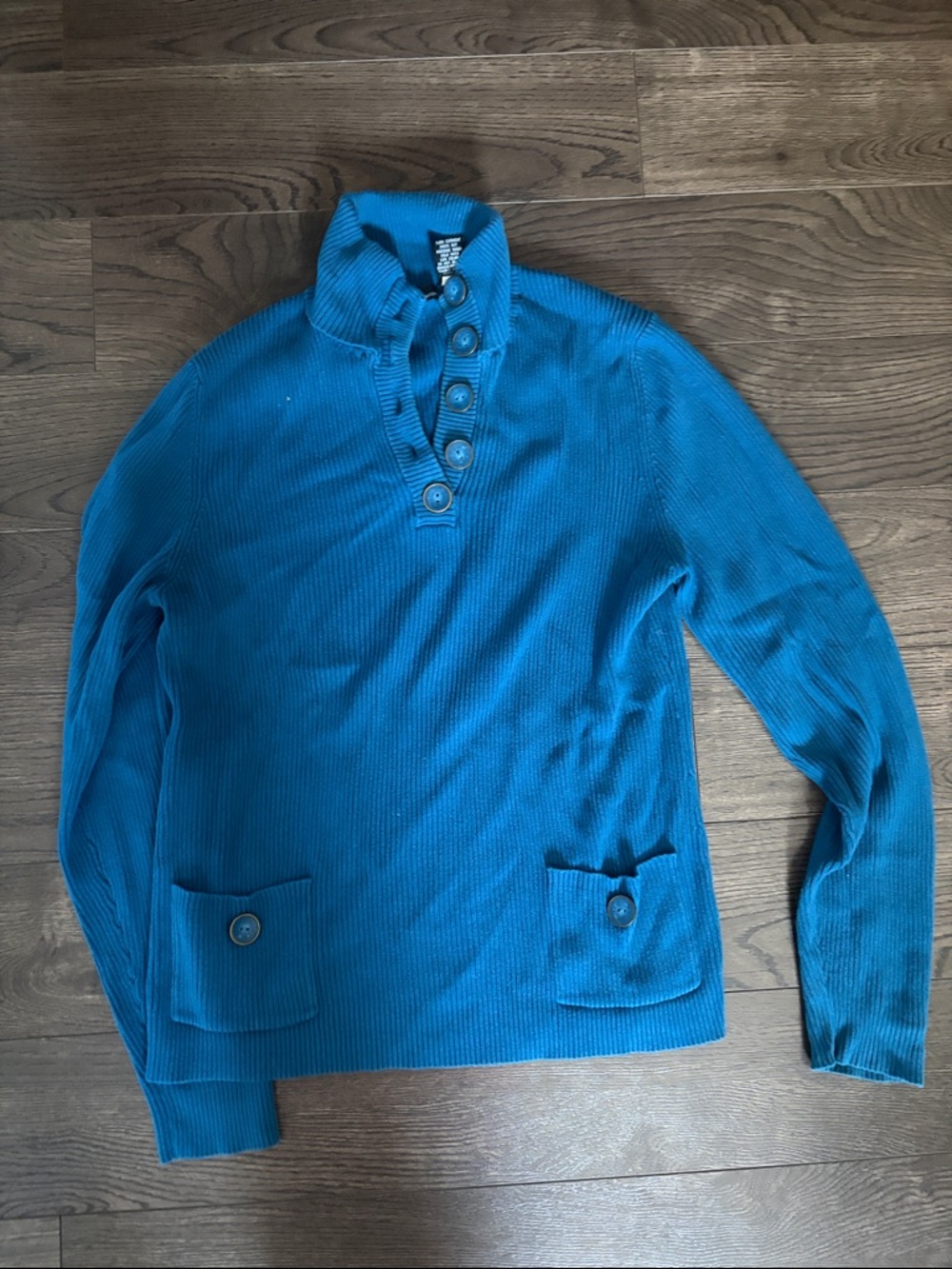 Teal Ribbed Button-Up Neck Sweater